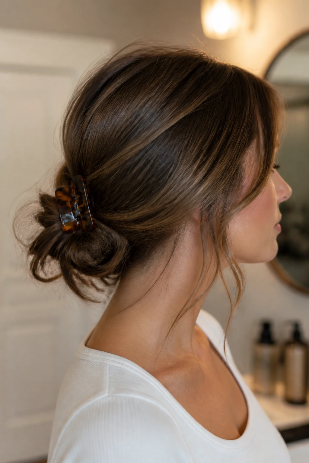 Side profile of a real woman with a loose claw-clip chignon