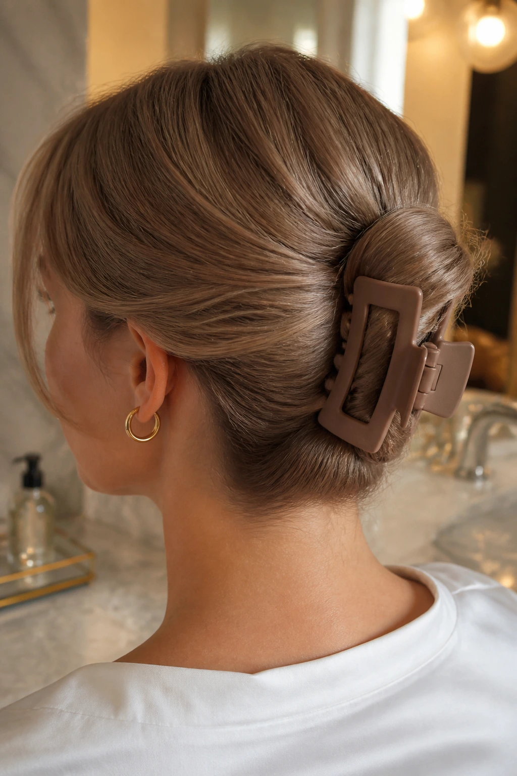 Real person with a neat chignon secured by a matte claw clip
