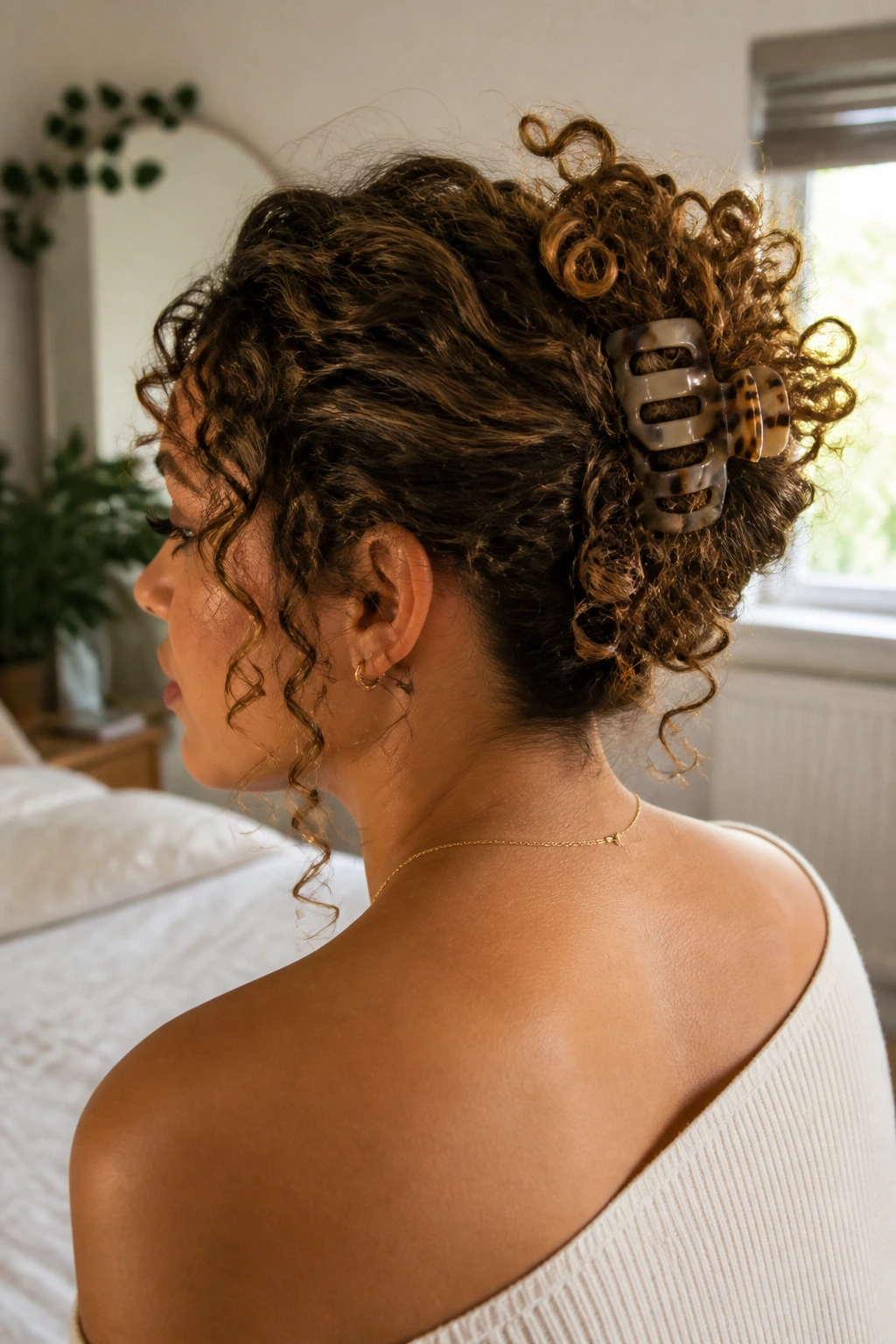 Close-up of Claw-Clip Coil Roll-Up hairstyle on a real woman with visible coils around a clip