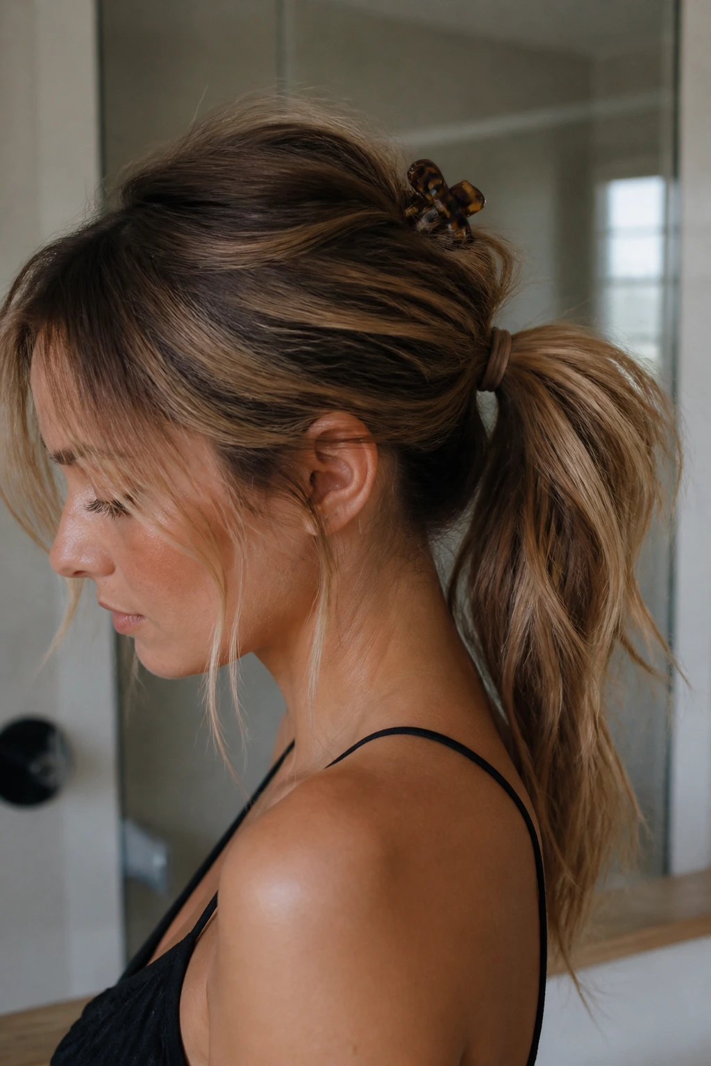 Close-up of real woman with claw-clip and elastic combo ponytail
