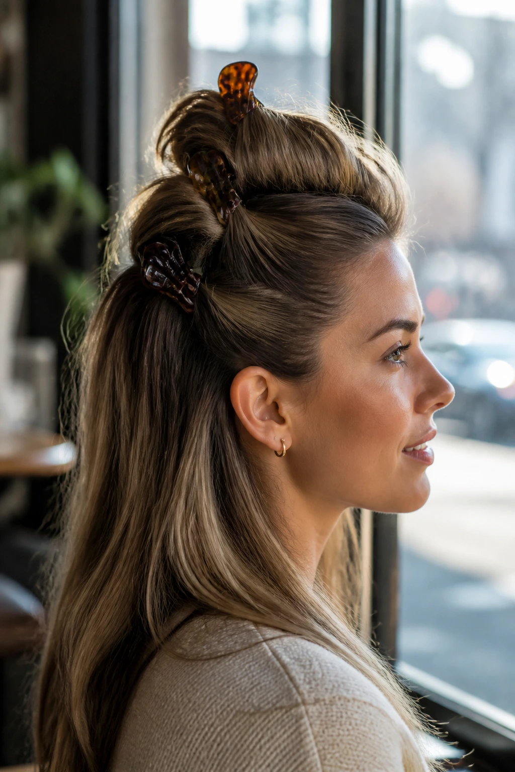 Close-up portrait of a real woman wearing a claw-clip faux hawk with three clips visible.