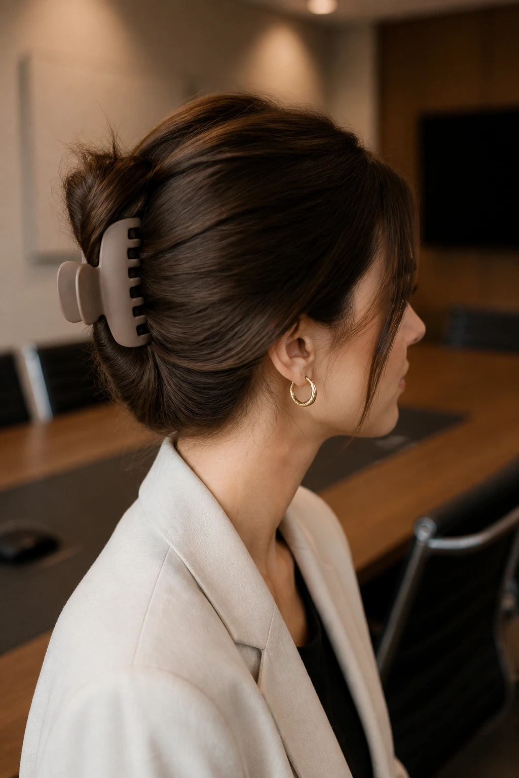 Three-quarter profile of real woman with claw-clip french roll