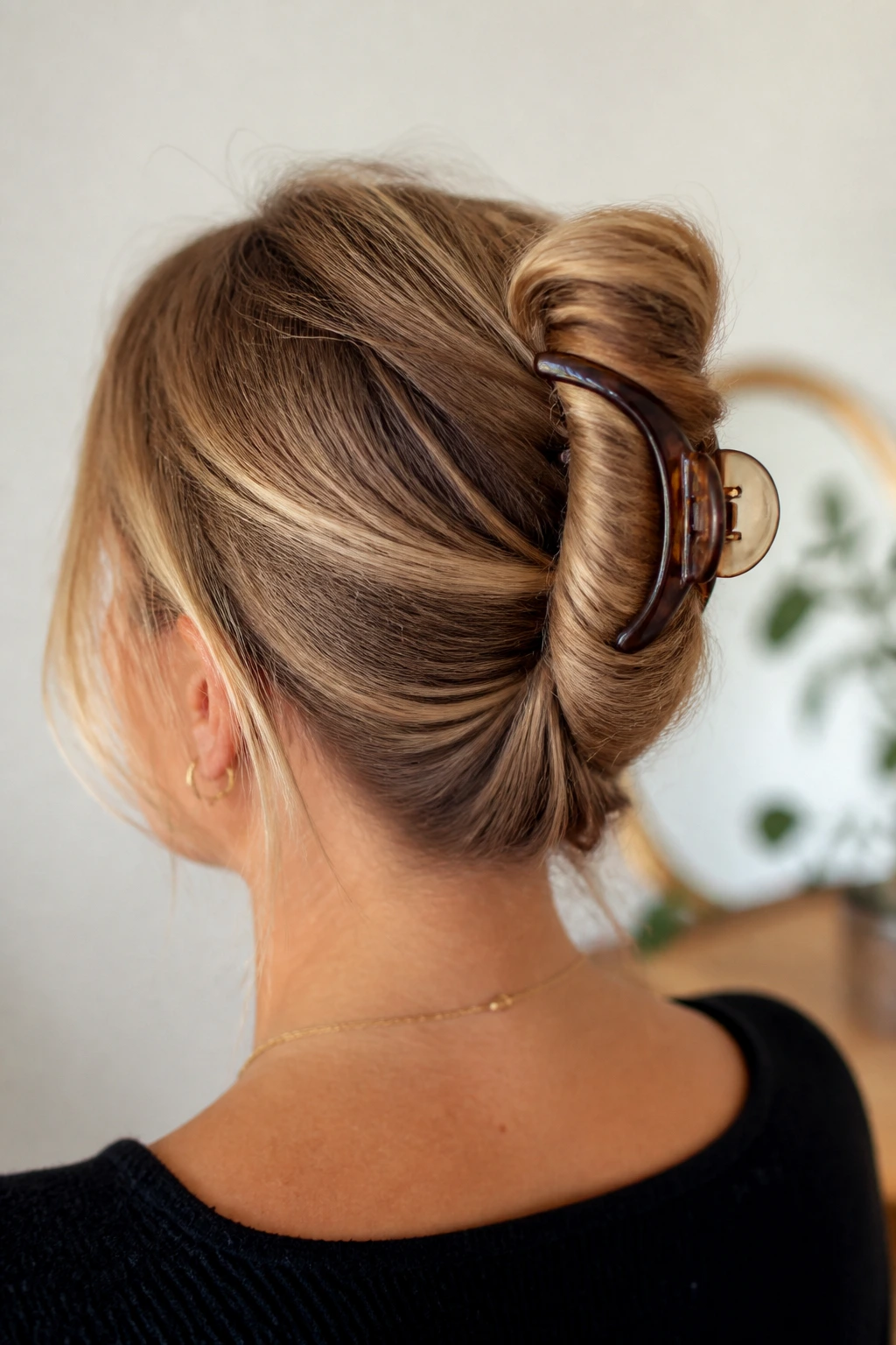 Close-up portrait of a real woman wearing a claw-clip French roll hairstyle