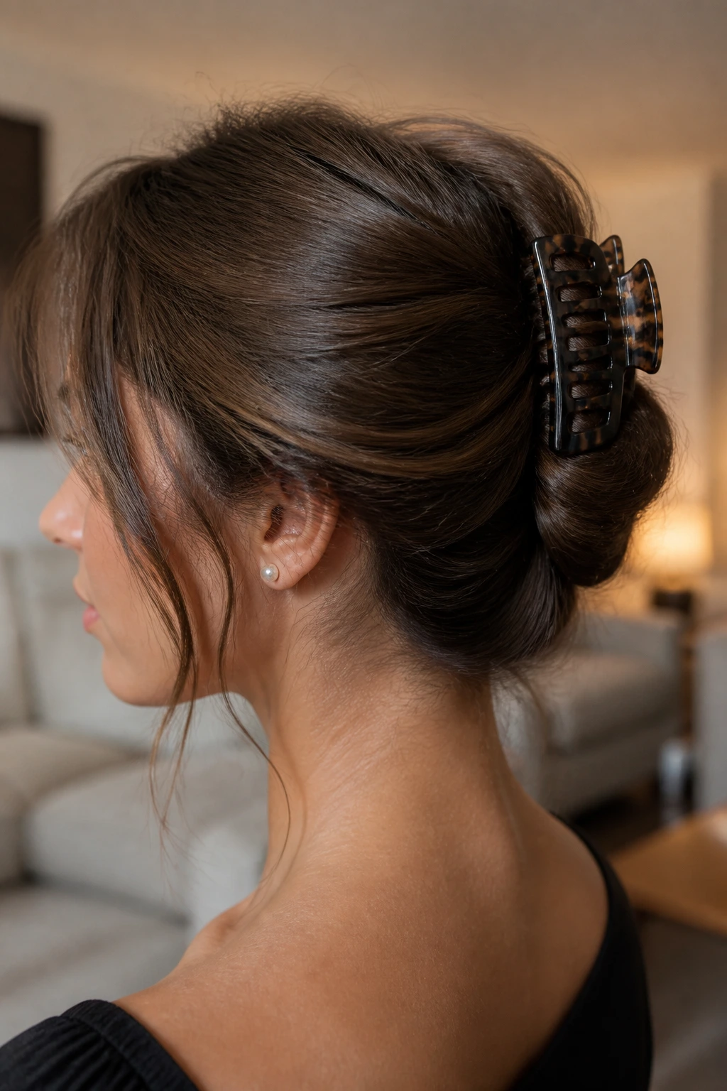 Close-up portrait of a real woman with a claw-clip French roll hairstyle