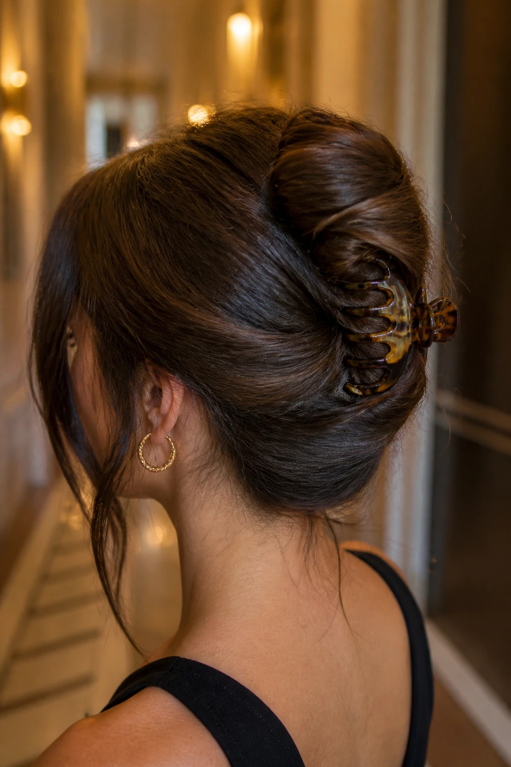 Real woman with claw-clip French twist hairstyle