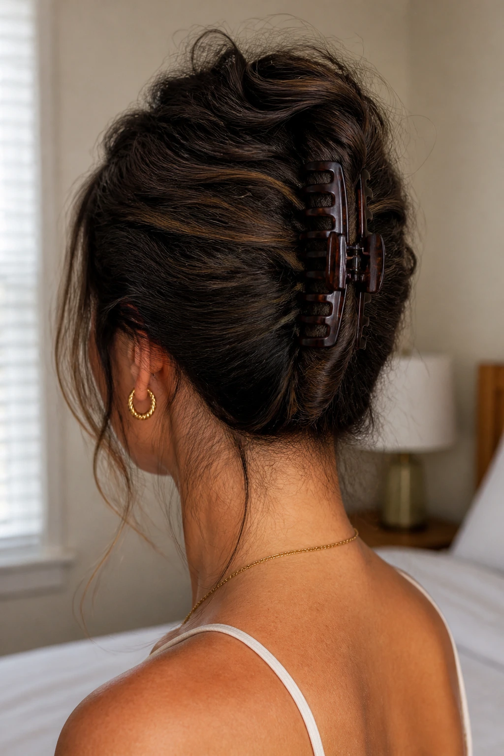 Close-up of a real woman's head from behind showing a vertical claw clip securing a French twist at the nape
