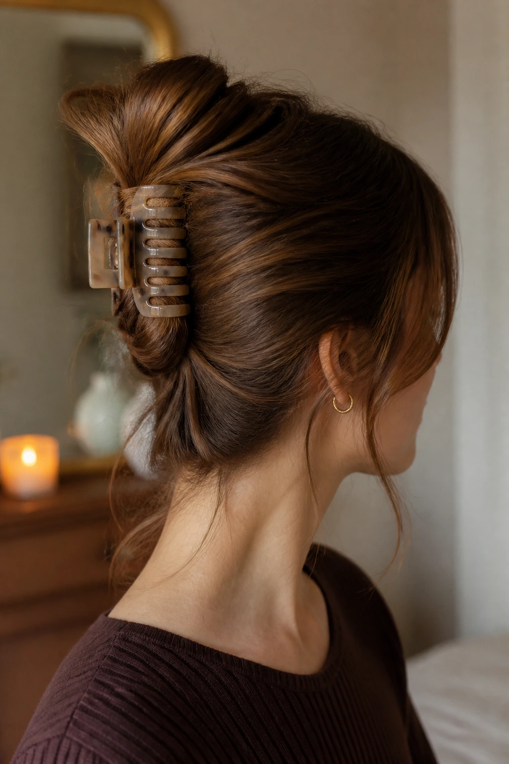 Back/three-quarter view of a real woman with a claw-clip French twist