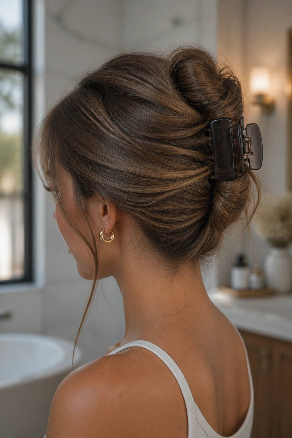 Close-up of a real woman with a French twist secured by a claw clip
