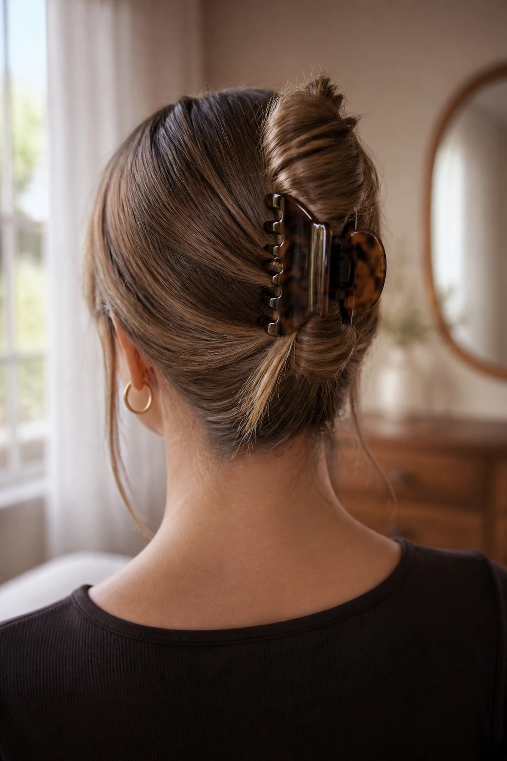 Rear profile of a real person showing a claw clip French twist at the nape