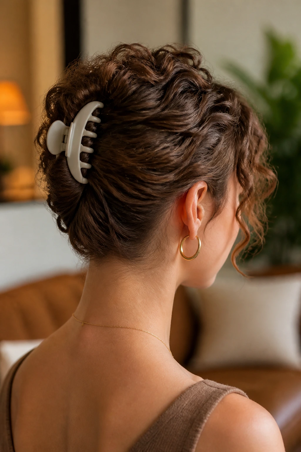 Close-up of a real person with a claw-clip French twist on short curls
