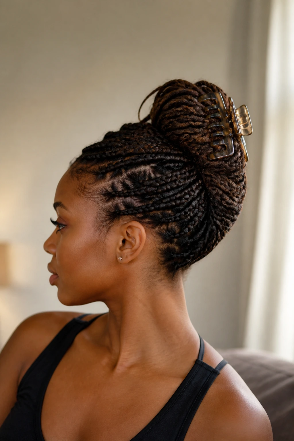 Portrait of person with braids twisted into a French twist secured by a claw clip