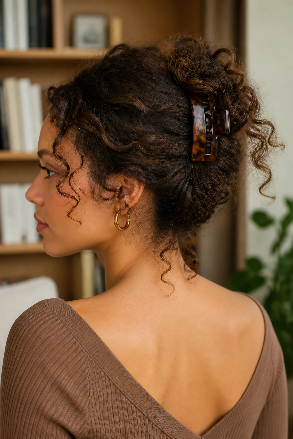 Close-up of a real woman in a claw-clip French twist hairstyle