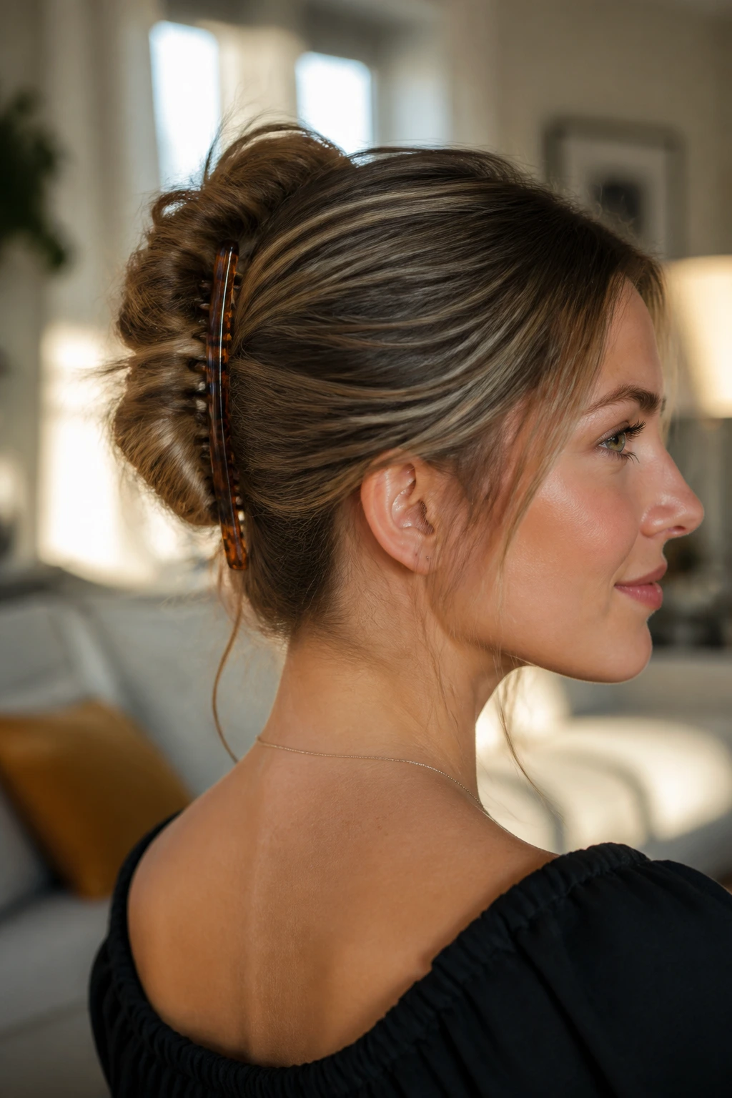 Close-up of a real woman with a claw-clip French twist hairstyle.