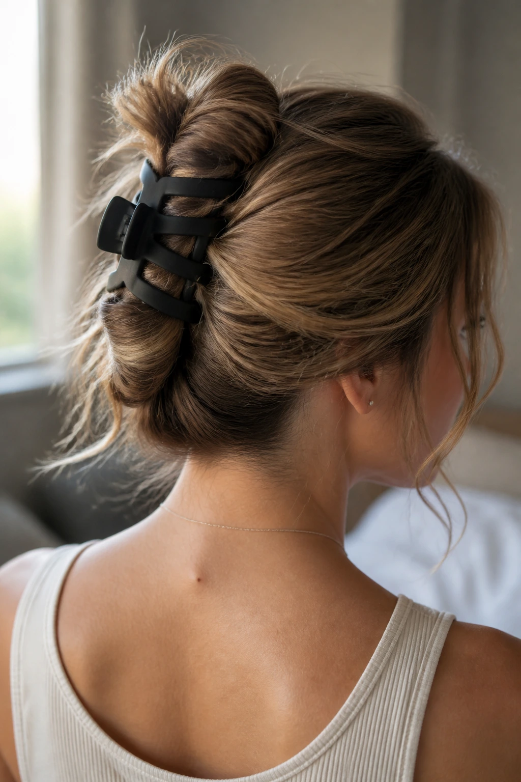 Portrait of a woman wearing a claw-clip French twist