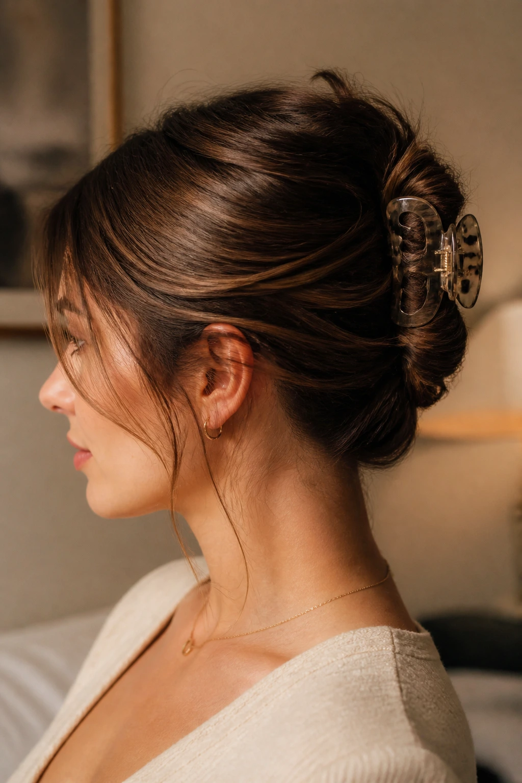 Side profile of a real woman wearing a claw-clip French twist