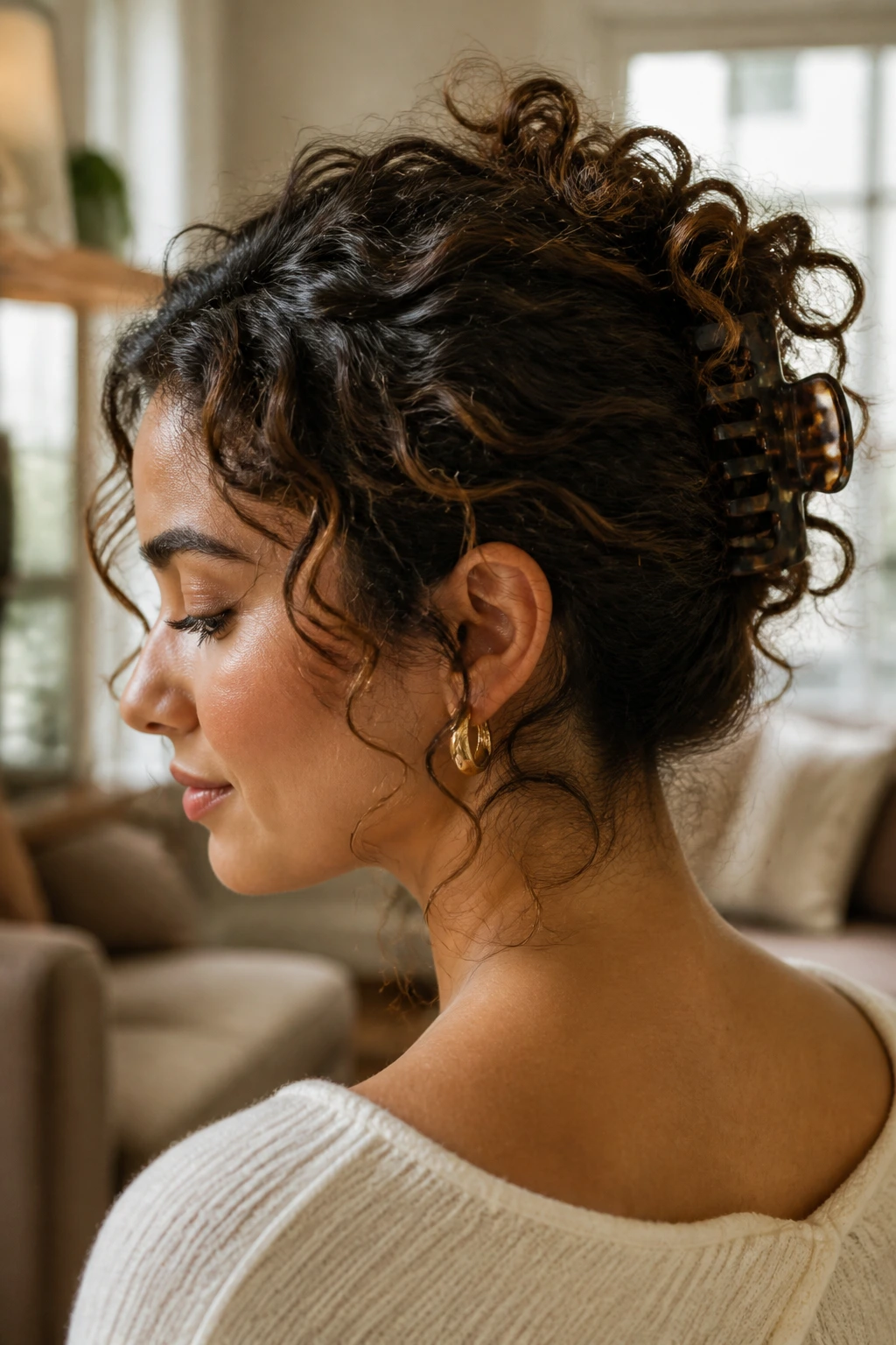Close-up of a real woman's head showing a French twist secured with a large claw clip, curls peeking out.