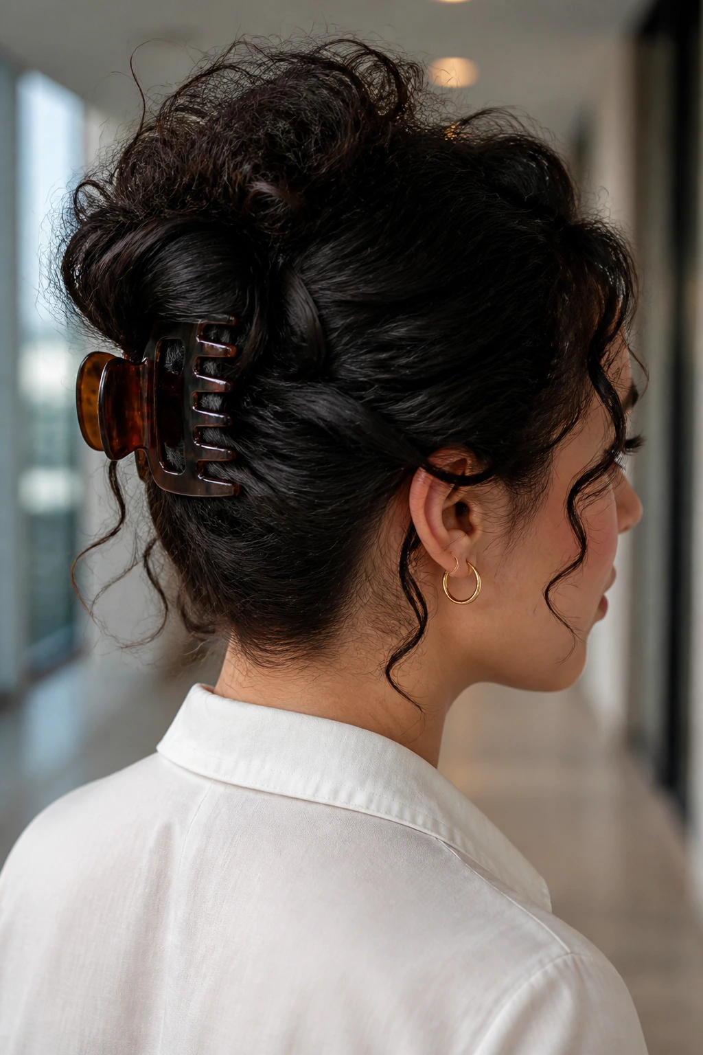 Close-up of a real woman wearing a claw-clip French twist at the nape.