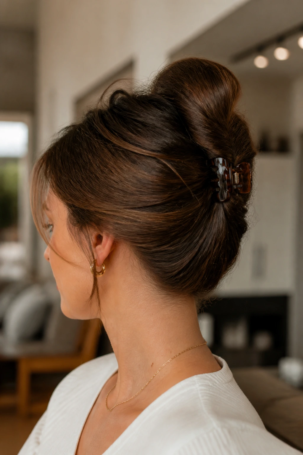 Close-up portrait of a real woman with a claw-clip French twist hairstyle