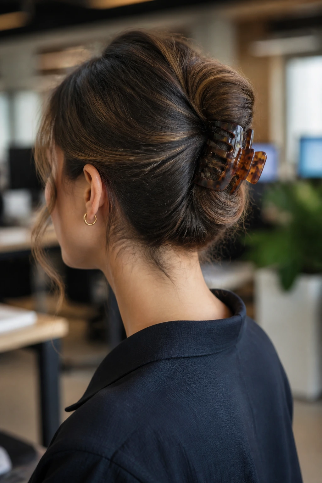 Side-profile of woman with claw-clip French twist in an office setting.