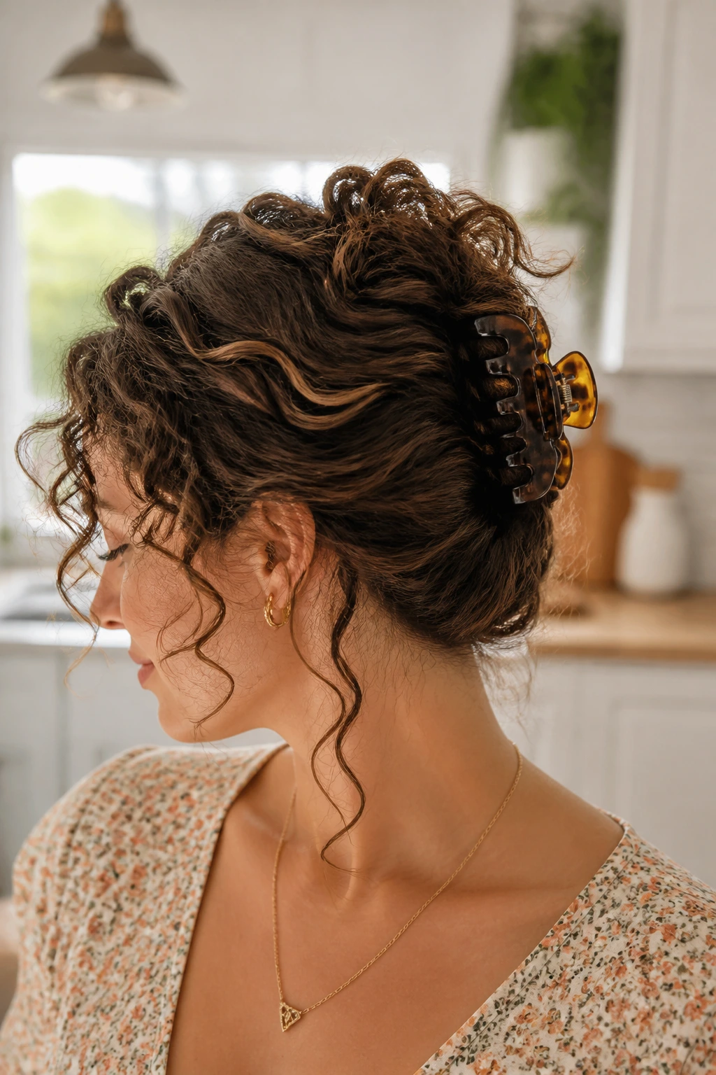 Close-up of a real person with a claw clip French twist hairstyle