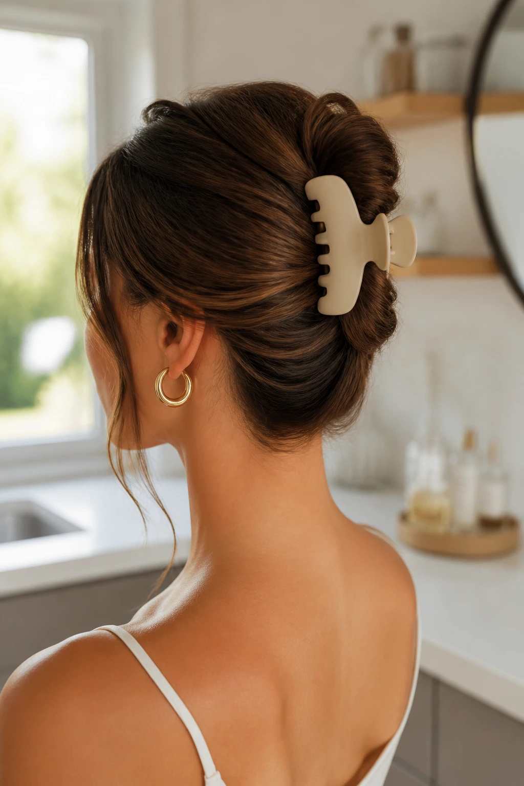 Real woman wearing a claw-clip French twist; large clip visible, hair neatly twisted.