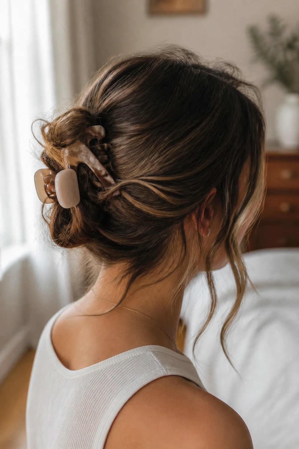 Back view with claw clip and face-framing pieces on real woman