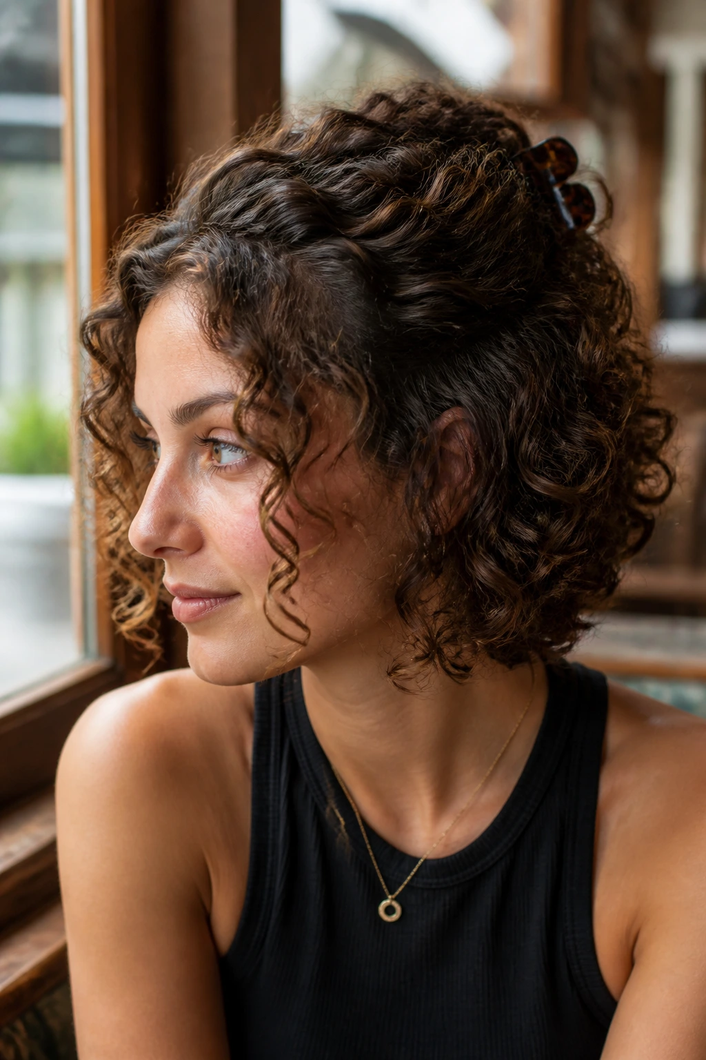 Portrait of a real person showing a claw-clip half-up hairstyle in cafe window light.