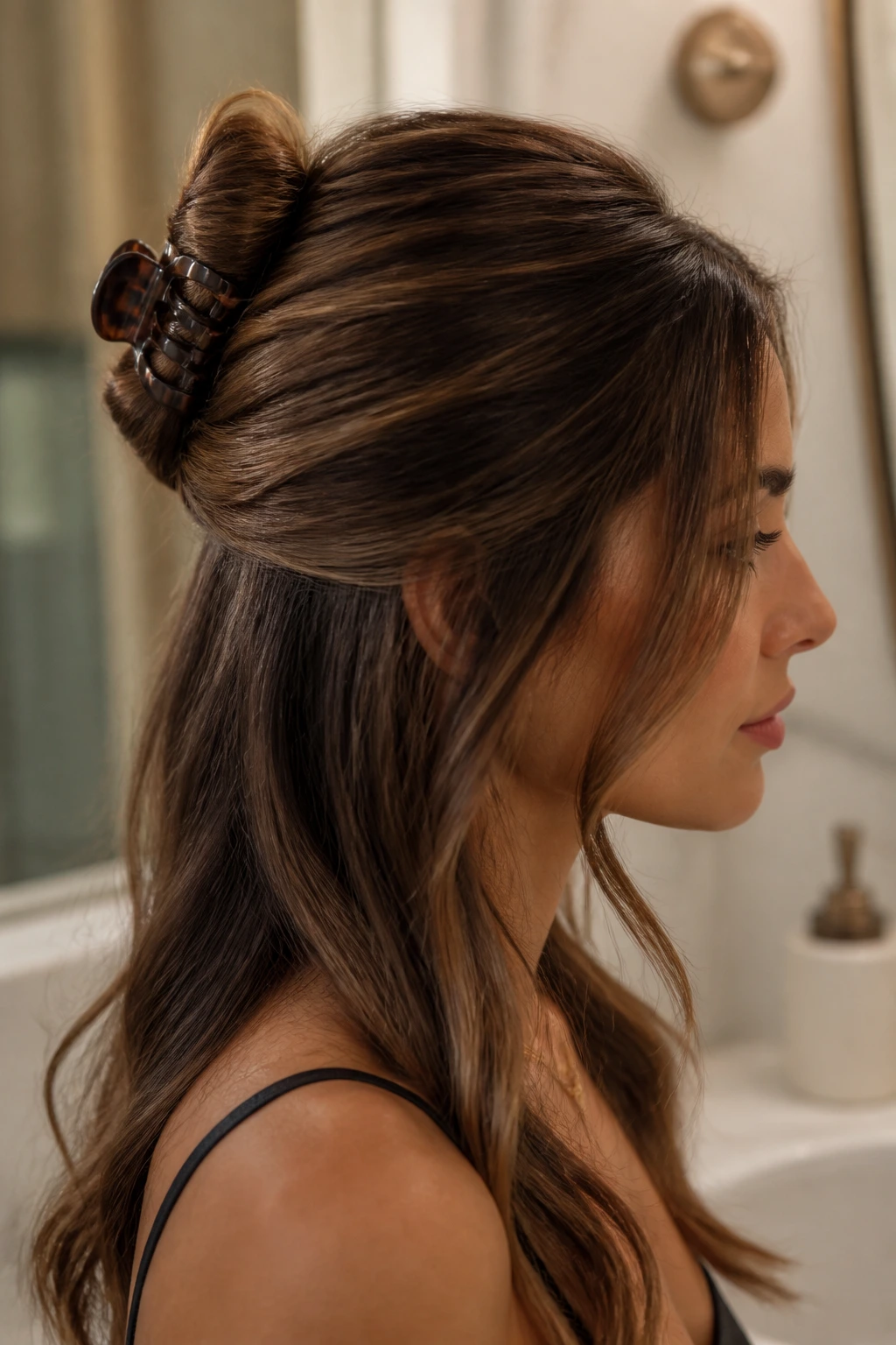 Close-up of a real woman wearing a claw-clip French twist half-up.
