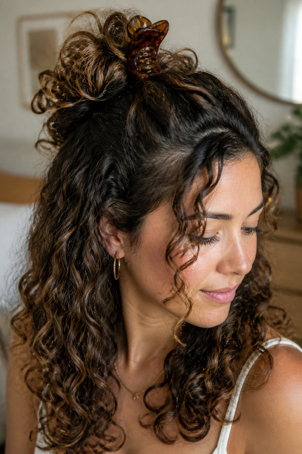 Real woman with top third swept and clipped with a claw clip, curls fanning over the top.