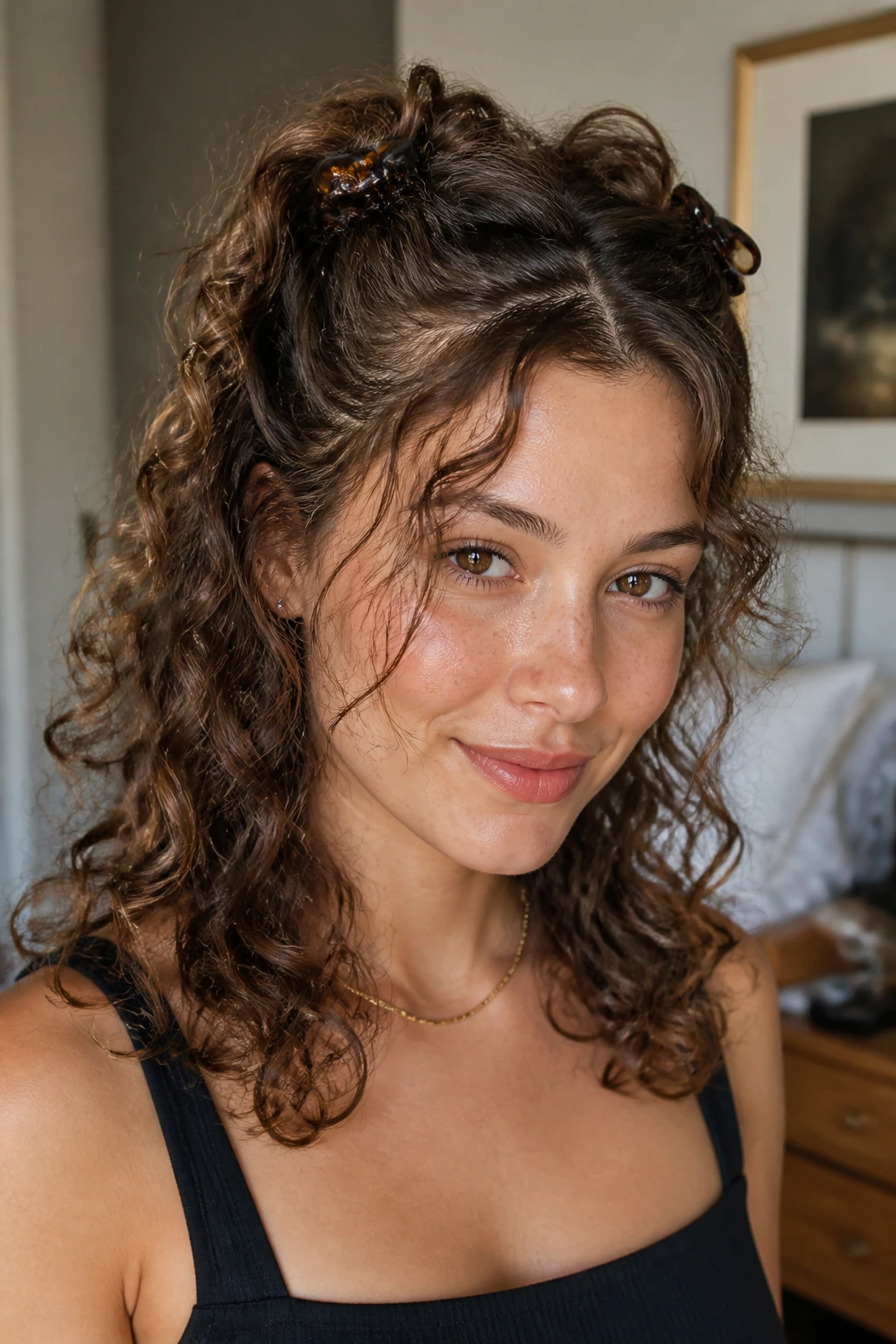Close-up of a real woman with a double claw clip half-up hairstyle and curls around the face.