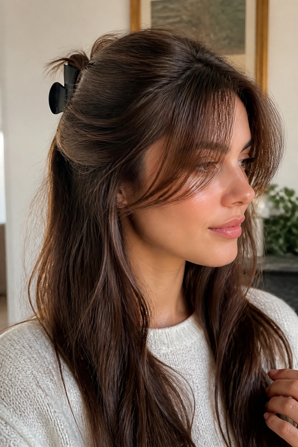 Close-up portrait of a person with half-up hairstyle using a claw clip and soft curtain bangs