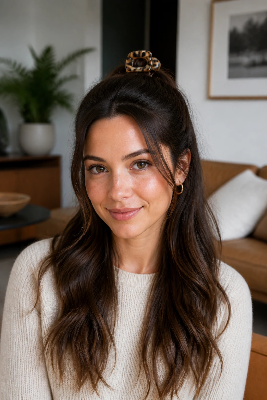 Head-and-shoulders of real woman with claw clip half-up hairstyle
