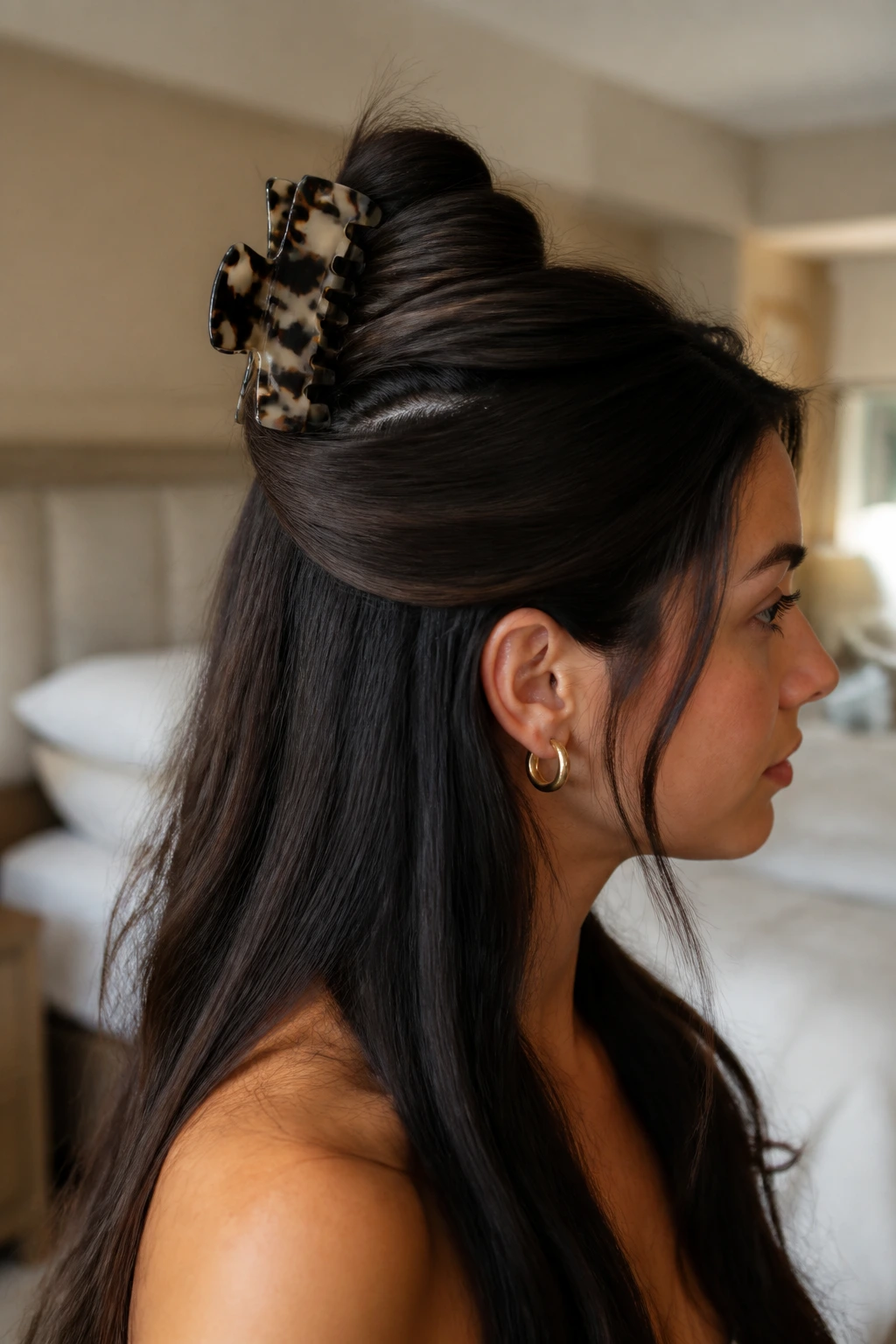 Close-up of a real woman's head showing a half-up twist secured with a claw clip on thick straight hair.