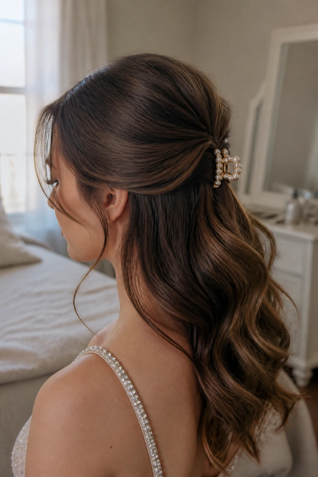 Close-up of a woman's claw-clip half-up hairstyle with embellished clip