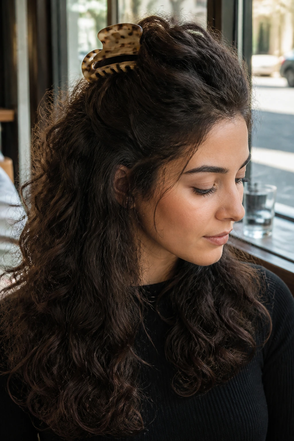 Close-up of a real woman with a half-up claw clip hairstyle