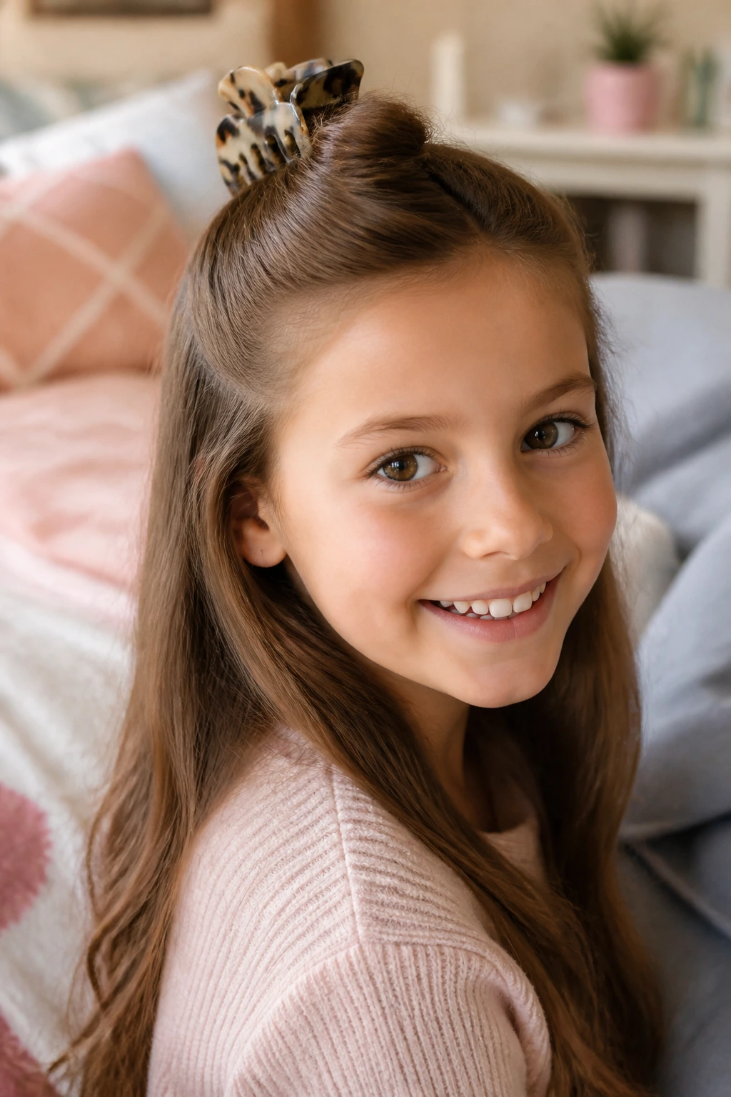 Close-up of a real child with a claw-clip half-up twist hairstyle