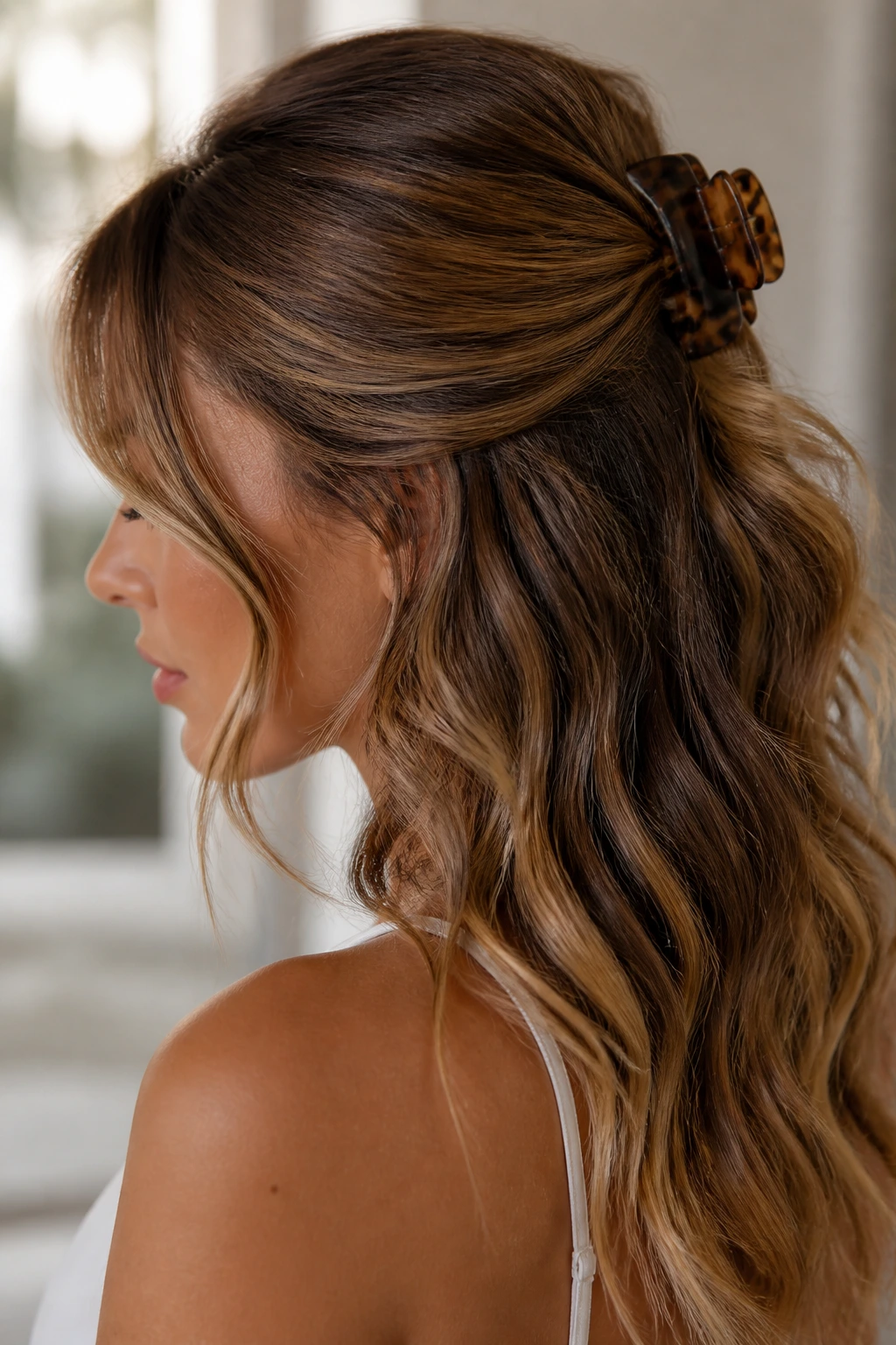 Real woman with claw-clip half-up waves