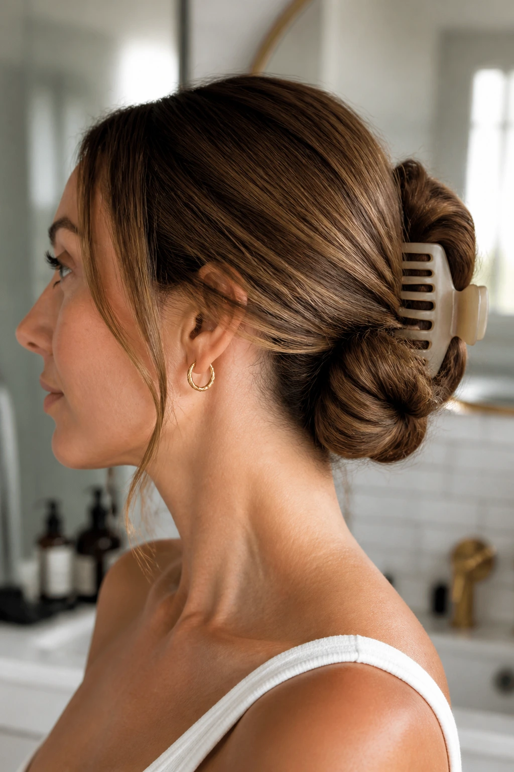 Side profile of a real woman with a low bun secured by a claw clip