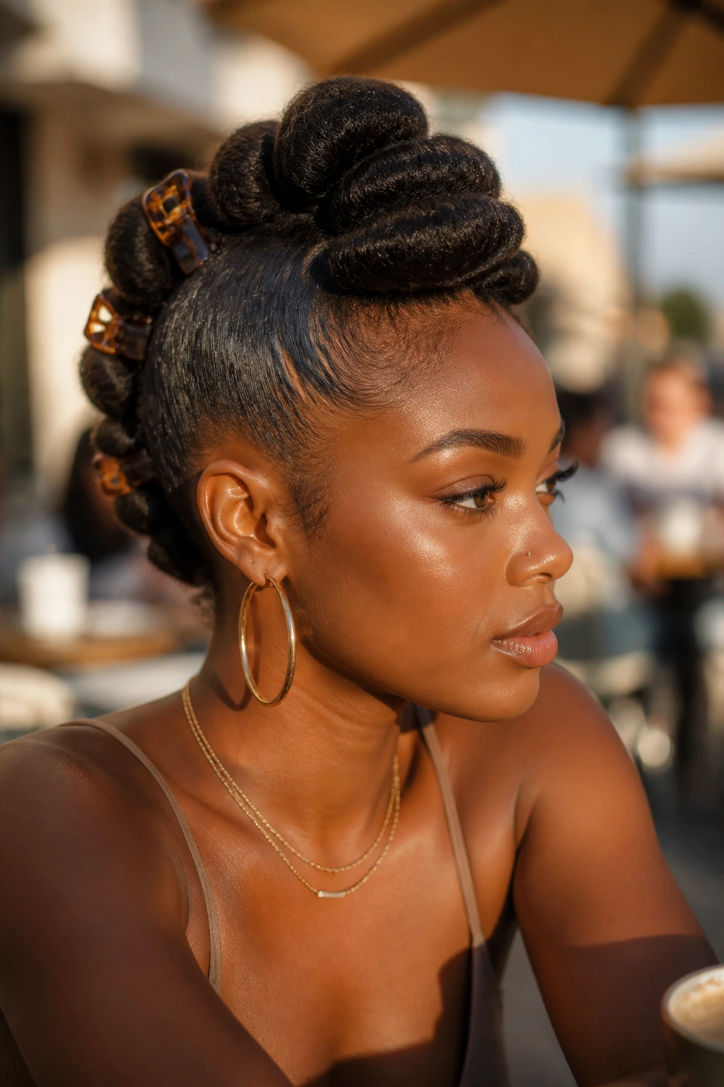 Close-up of Claw-Clip Roll Mohawk on a real woman with a rolled ridge secured by claw clips