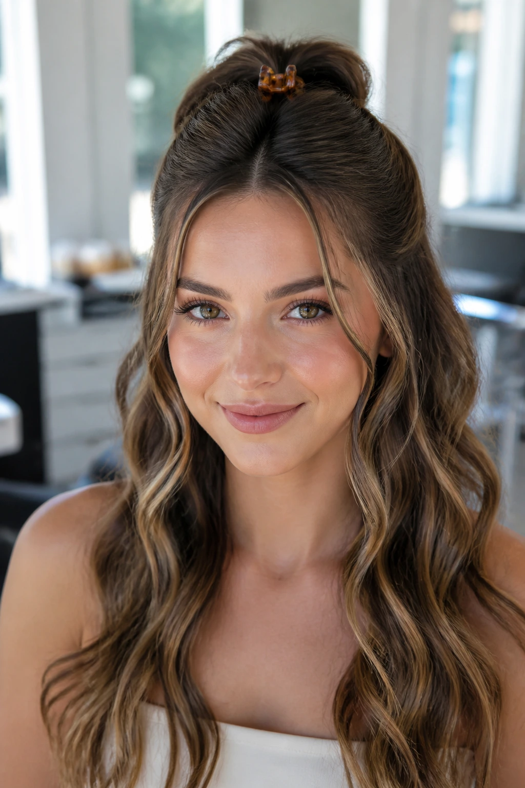 Close-up portrait of a real woman with half-up claw clip and polished waves