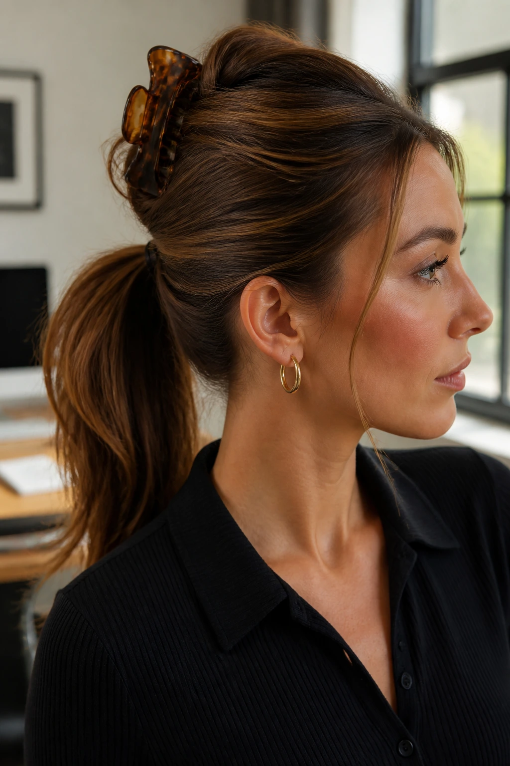 Close-up of a woman with a claw clip hybrid ponytail in a modern workspace