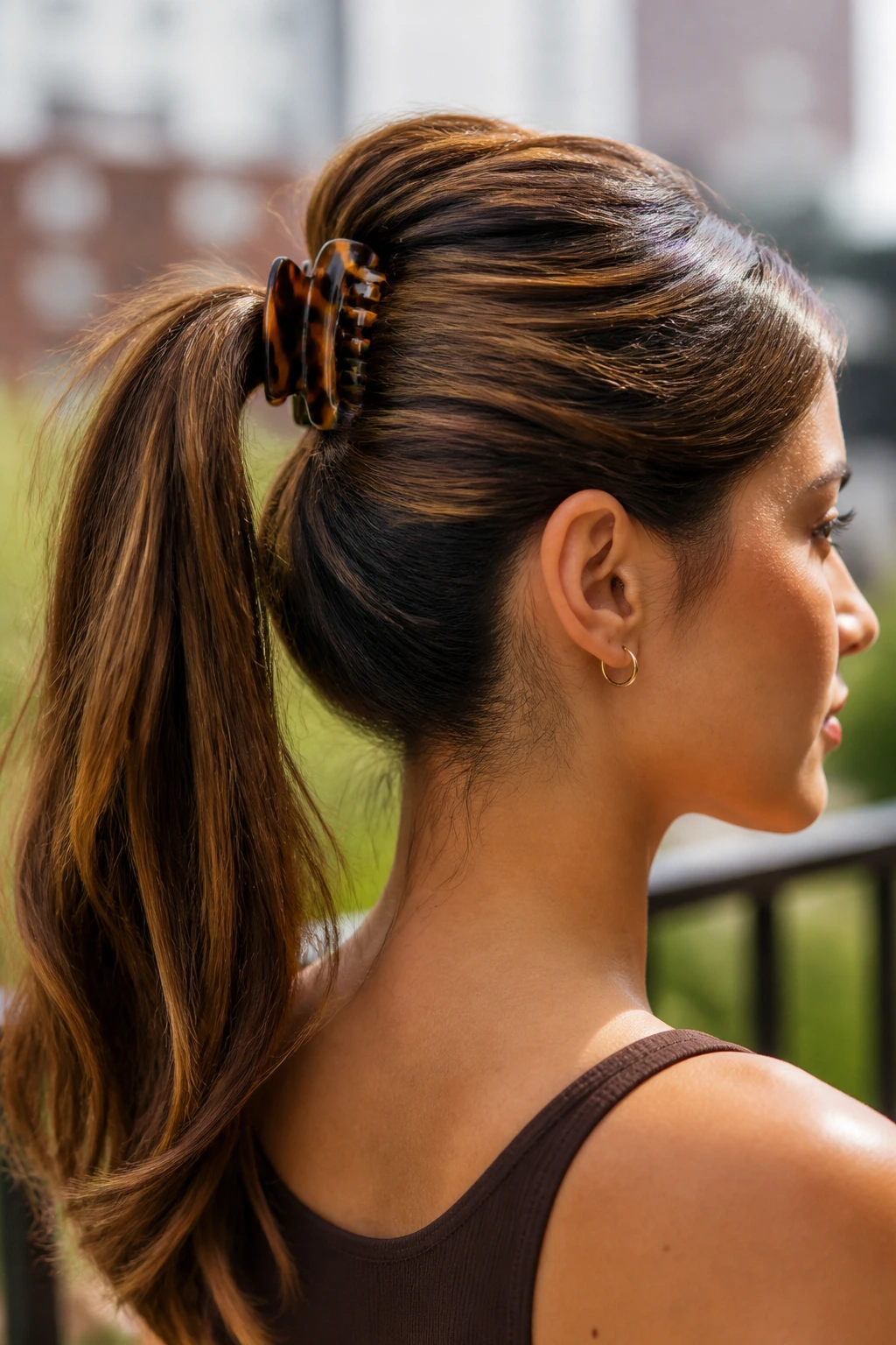 Portrait of a woman with a claw-clip supported ponytail.
