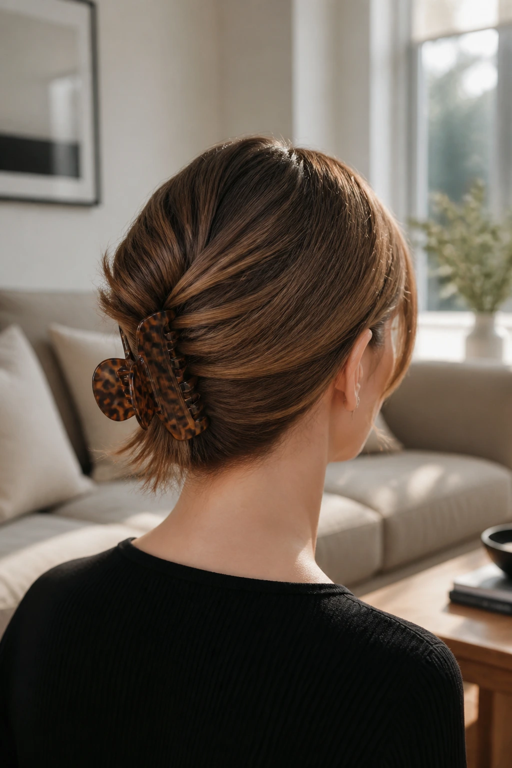 Back-view portrait of a real woman with a claw clip securing a rolled twist.