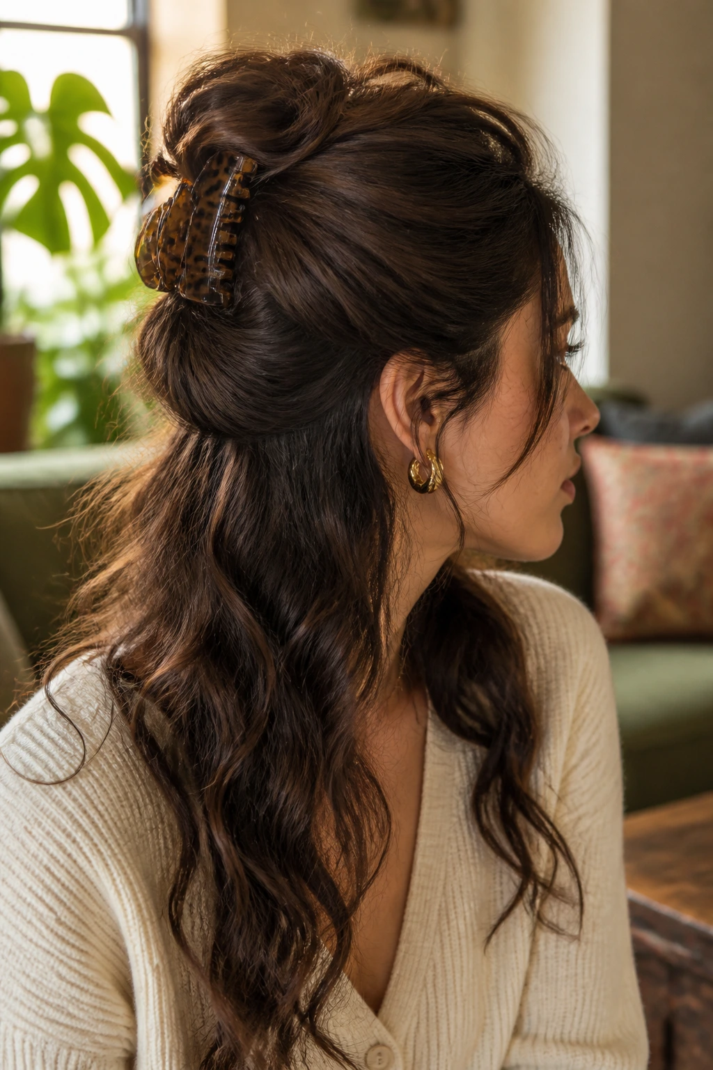 Real woman with claw-clip French roll, top half twisted and clipped