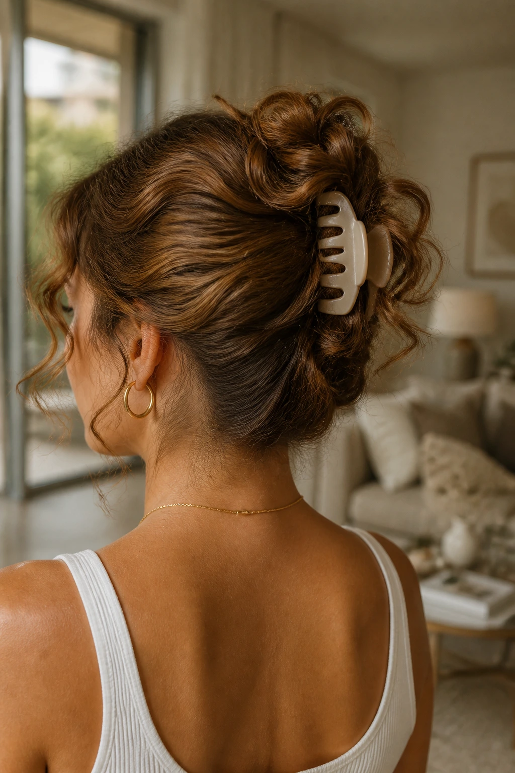 Back view of a real woman with a claw-clip roll-up hairstyle