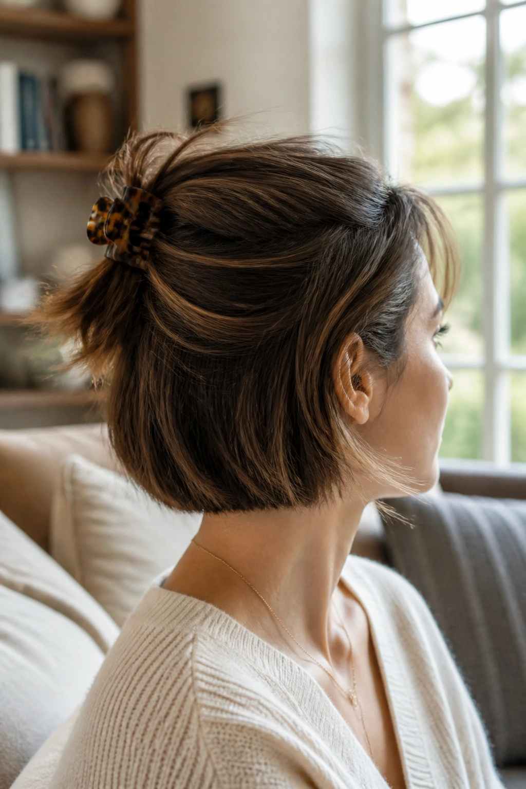 Close-up of a real woman with short hair using a claw clip in a half-up style