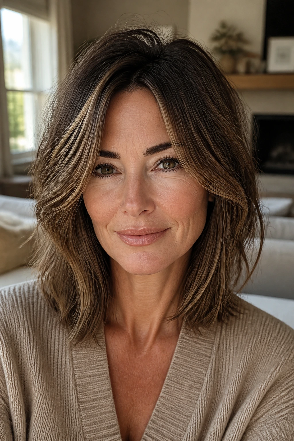 Real woman with textured mid-length hair ready to clip back in natural light