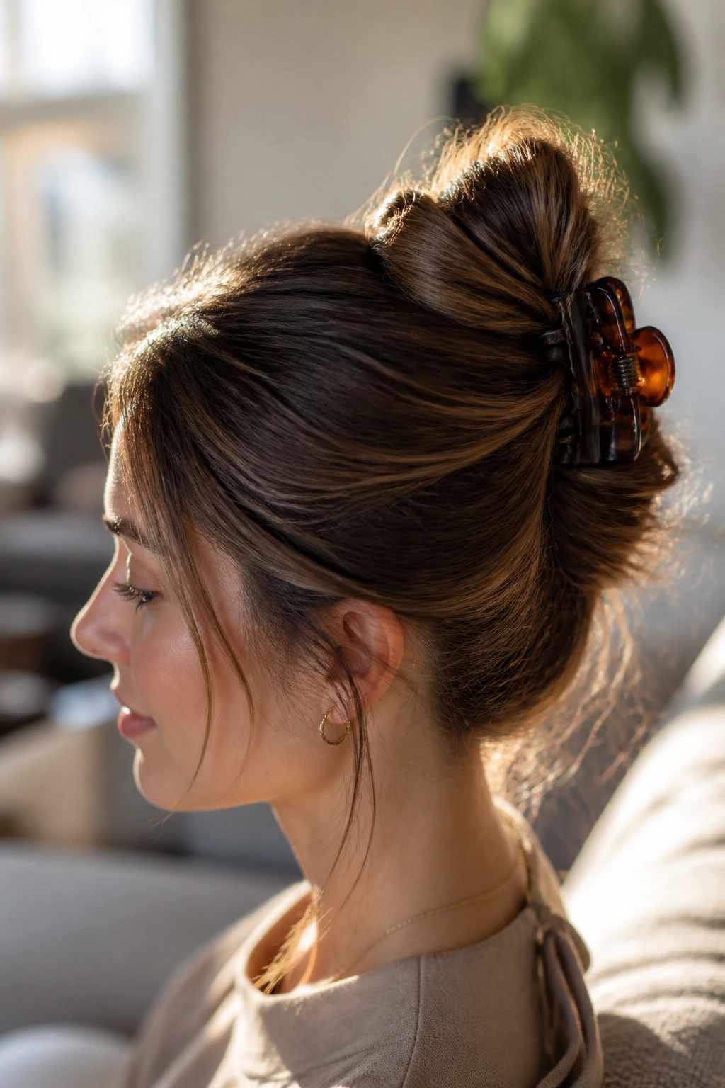 Close-up of a real woman wearing a claw-clip top knot
