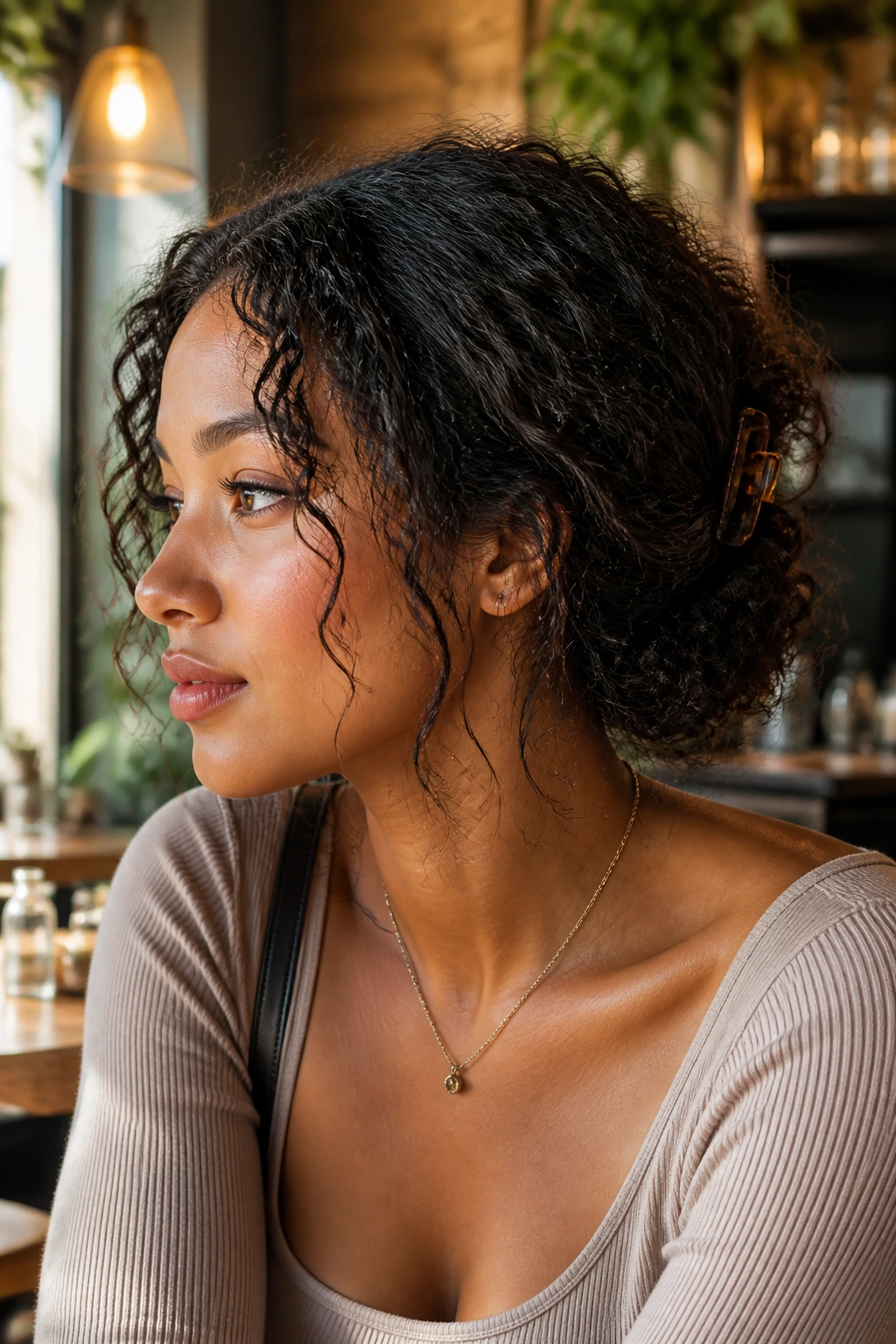 Close-up of a real woman with claw-clip tuck and loose tendrils