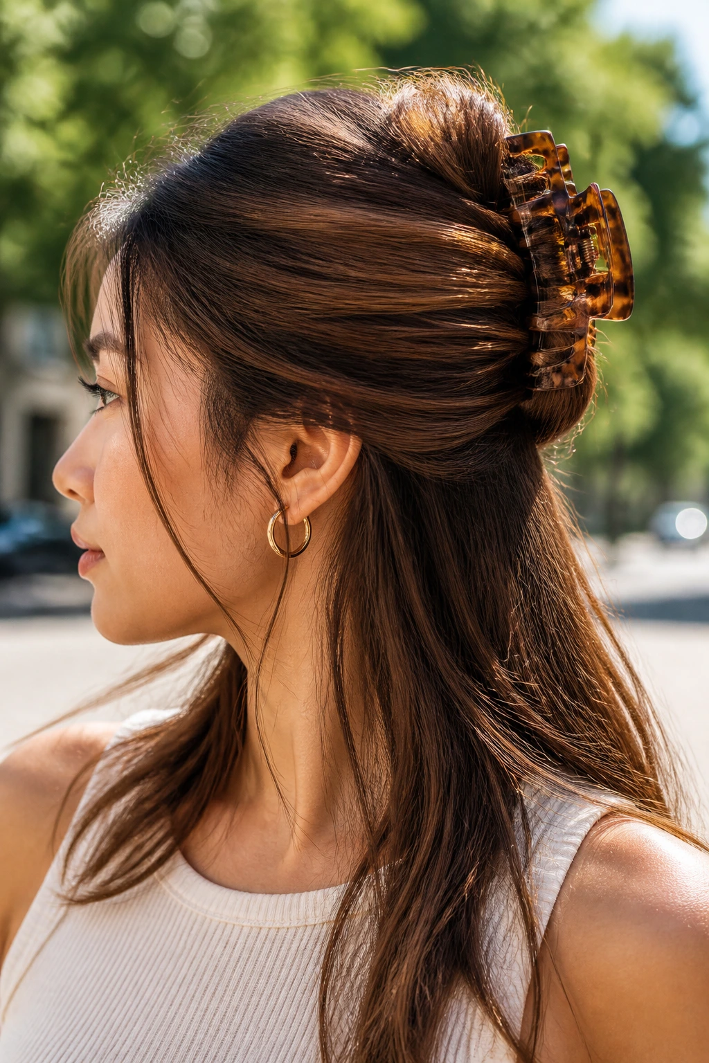 Real woman with a claw clip twist hairstyle in natural sunlight